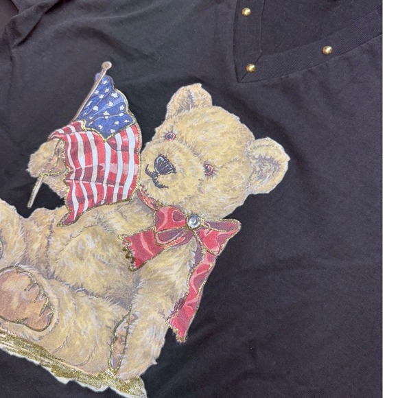 Vintage Penney Lynn USA Teddy Bear Flag Studded V-Neck Tee Black Medium - Picture 5 of 6